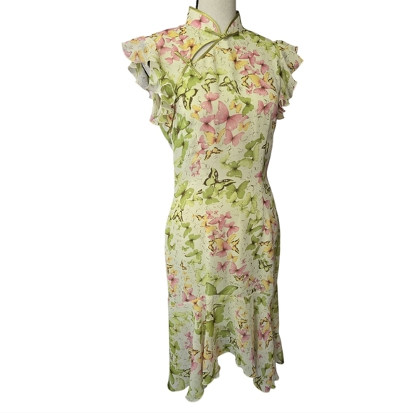 Vintage Y2k Asymetrical Asian Style Butterfly Print Flutter Sleeved Dress - Picture 2 of 8